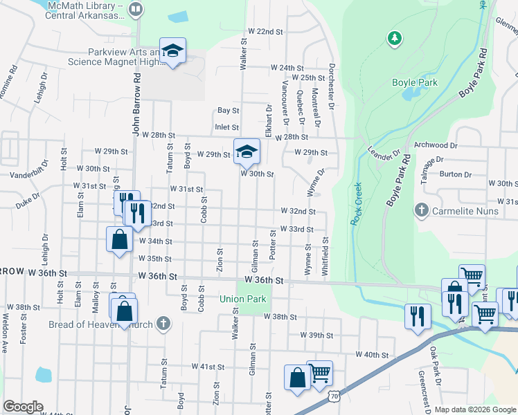 map of restaurants, bars, coffee shops, grocery stores, and more near 8112 West 33rd Street in Little Rock