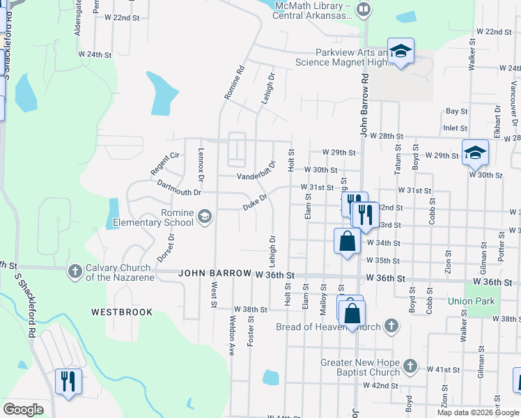 map of restaurants, bars, coffee shops, grocery stores, and more near 3305 Dartmouth Court in Little Rock