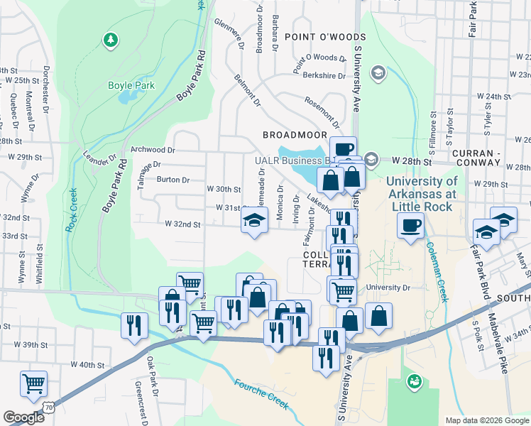 map of restaurants, bars, coffee shops, grocery stores, and more near 6420 West 32nd Street in Little Rock