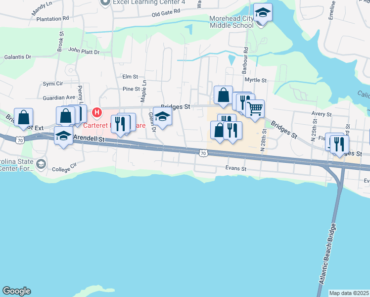 map of restaurants, bars, coffee shops, grocery stores, and more near 3316 Arendell Street in Morehead City