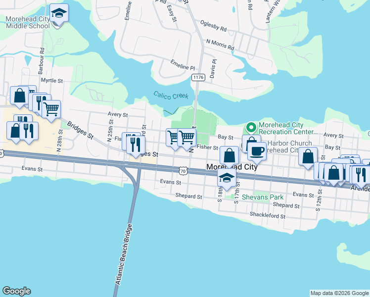 map of restaurants, bars, coffee shops, grocery stores, and more near 301-399 N 20th St in Morehead City
