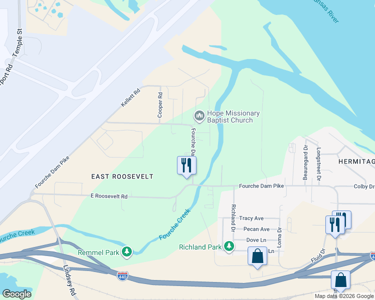 map of restaurants, bars, coffee shops, grocery stores, and more near 6101 Fourche Dam Pike in Little Rock