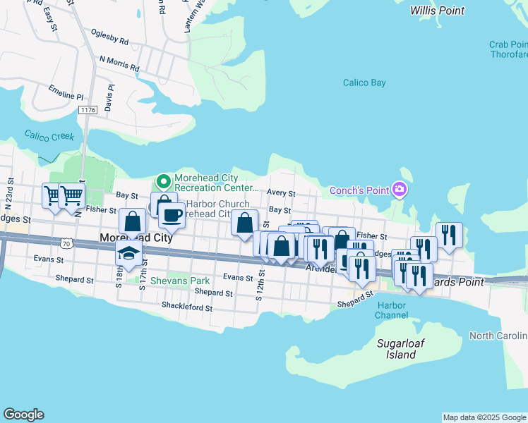 map of restaurants, bars, coffee shops, grocery stores, and more near 1201 Bay Street in Morehead City