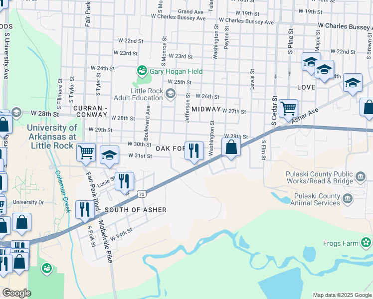 map of restaurants, bars, coffee shops, grocery stores, and more near 2900 Jefferson Street in Little Rock