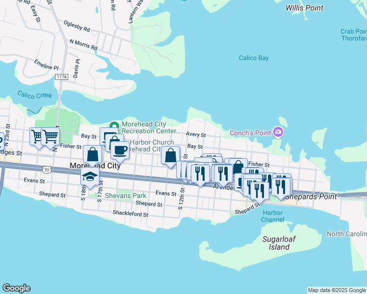 map of restaurants, bars, coffee shops, grocery stores, and more near 1201 Bay Street in Morehead City