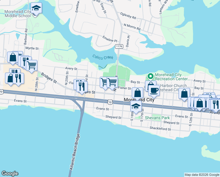map of restaurants, bars, coffee shops, grocery stores, and more near 301-399 North 21st Street in Morehead City