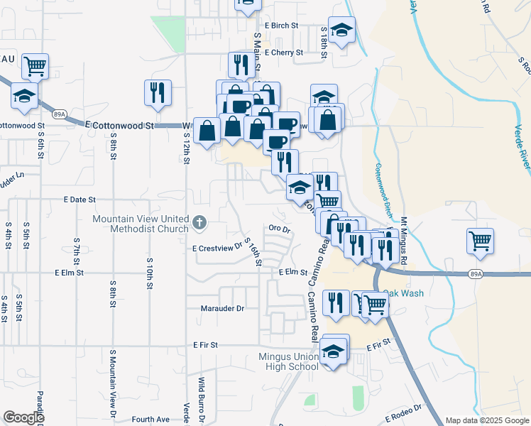 map of restaurants, bars, coffee shops, grocery stores, and more near 1625 East Skyline Drive in Cottonwood
