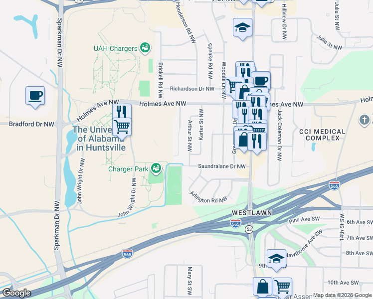 map of restaurants, bars, coffee shops, grocery stores, and more near 412 Arthur Street Northwest in Huntsville