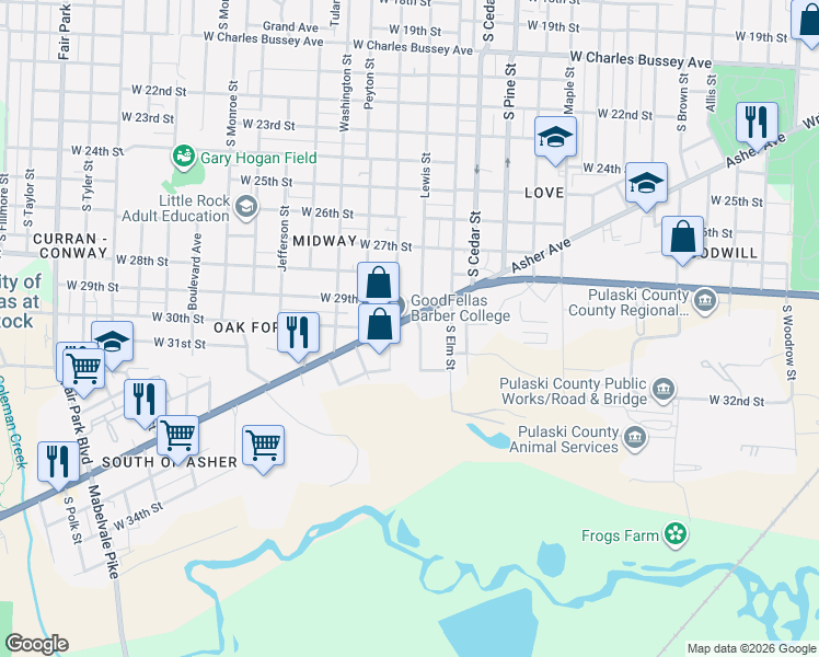 map of restaurants, bars, coffee shops, grocery stores, and more near 4305 West 29th Street in Little Rock