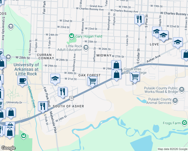 map of restaurants, bars, coffee shops, grocery stores, and more near 2900 Jefferson Street in Little Rock