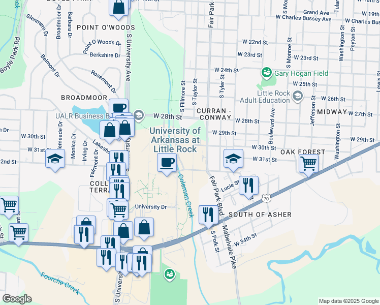 map of restaurants, bars, coffee shops, grocery stores, and more near 5620 West 30th Street in Little Rock