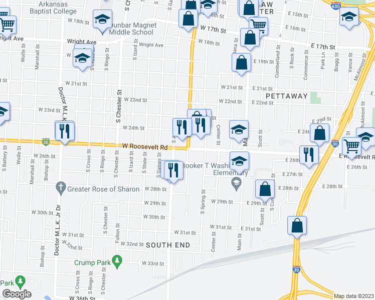 map of restaurants, bars, coffee shops, grocery stores, and more near 2510 S Broadway St in Little Rock