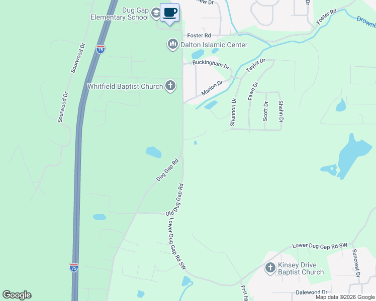 map of restaurants, bars, coffee shops, grocery stores, and more near 2309 Dug Gap Road in Dalton