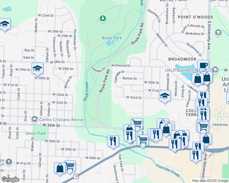 map of restaurants, bars, coffee shops, grocery stores, and more near 21 Talmage Drive in Little Rock