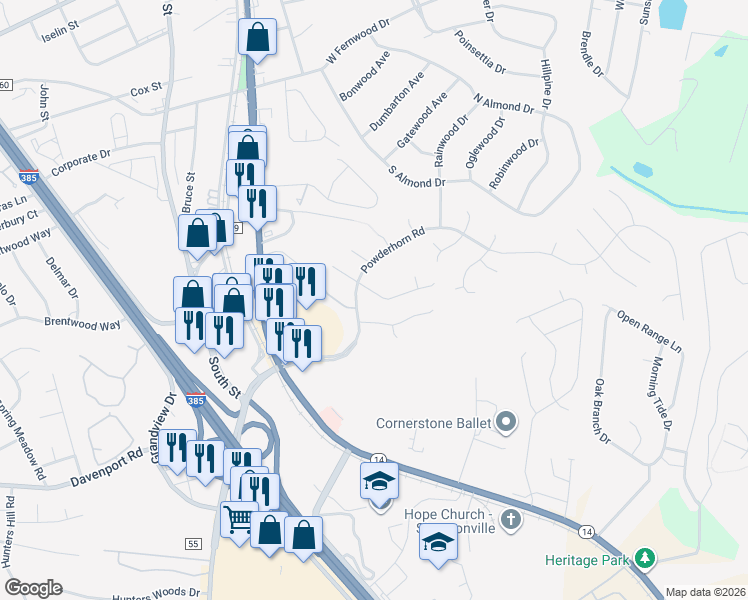 map of restaurants, bars, coffee shops, grocery stores, and more near 201 Manassas Drive in Simpsonville