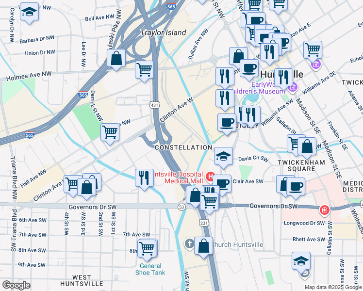 map of restaurants, bars, coffee shops, grocery stores, and more near 111 Heart of Huntsville Drive Southwest in Huntsville