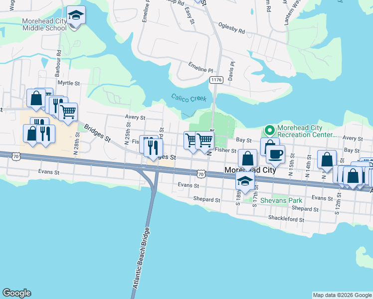 map of restaurants, bars, coffee shops, grocery stores, and more near 301-399 North 21st Street in Morehead City