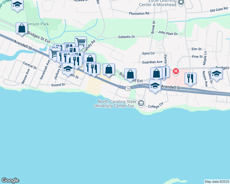 map of restaurants, bars, coffee shops, grocery stores, and more near 4003 Arendell Street in Morehead City