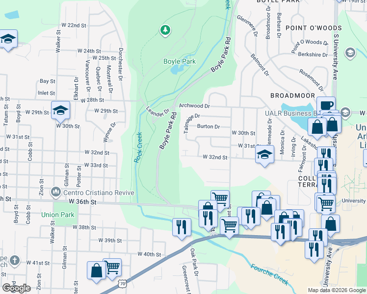 map of restaurants, bars, coffee shops, grocery stores, and more near 21 Talmage Drive in Little Rock