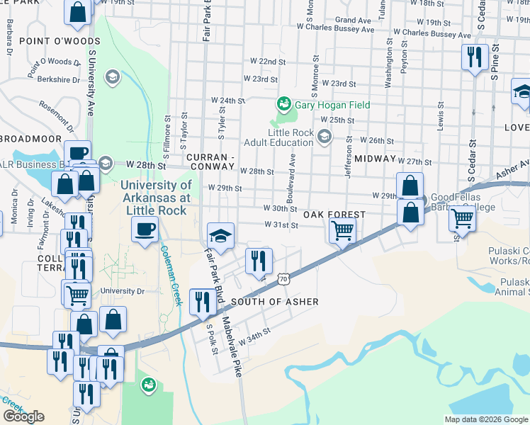 map of restaurants, bars, coffee shops, grocery stores, and more near 5111 West 30th Street in Little Rock
