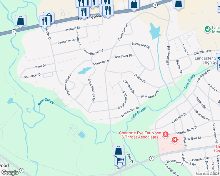 map of restaurants, bars, coffee shops, grocery stores, and more near 553 Briarwood Lane in Lancaster