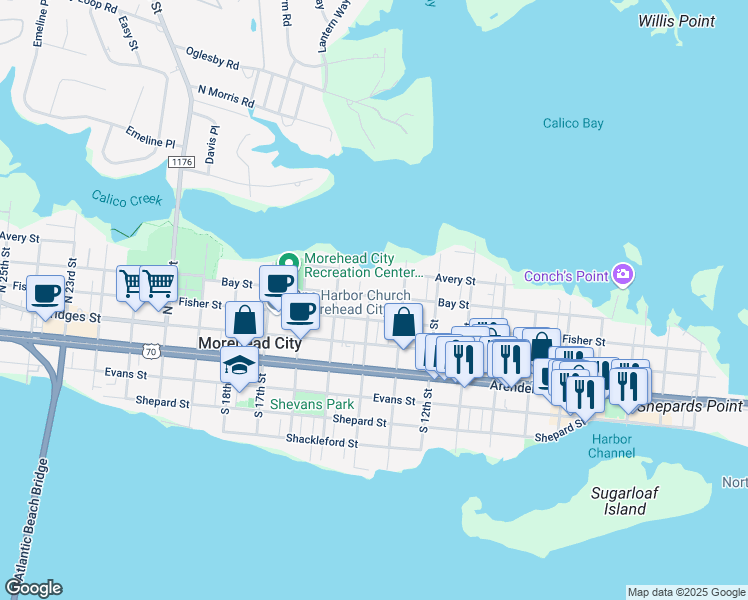 map of restaurants, bars, coffee shops, grocery stores, and more near 308 North 14th Street in Morehead City