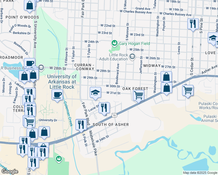 map of restaurants, bars, coffee shops, grocery stores, and more near 5103 West 30th Street in Little Rock