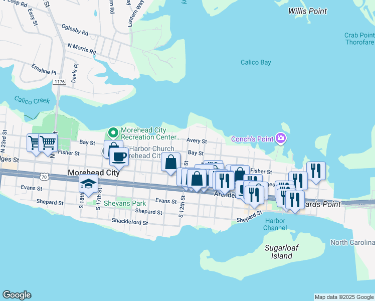 map of restaurants, bars, coffee shops, grocery stores, and more near 410 North 12th Street in Morehead City