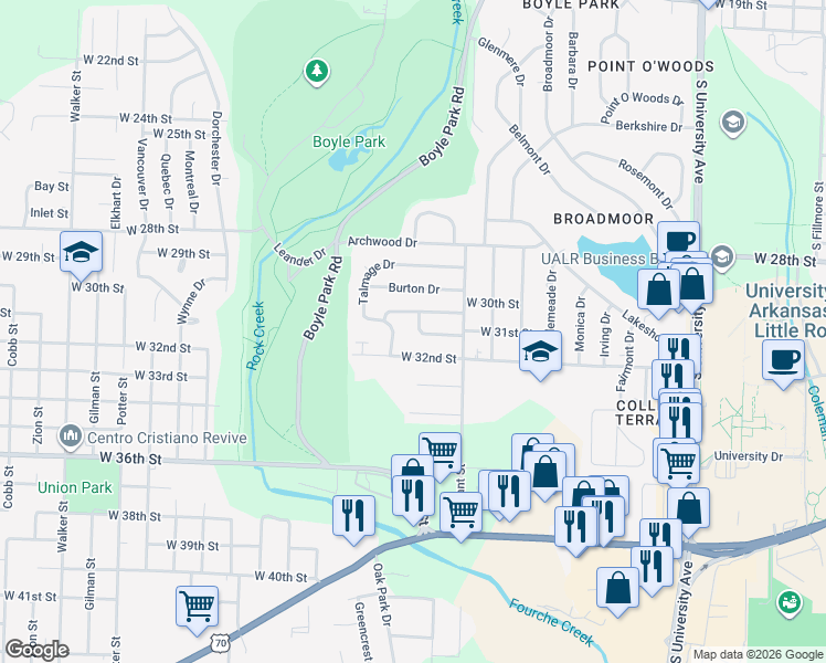 map of restaurants, bars, coffee shops, grocery stores, and more near 7007 Gingerbread Lane in Little Rock