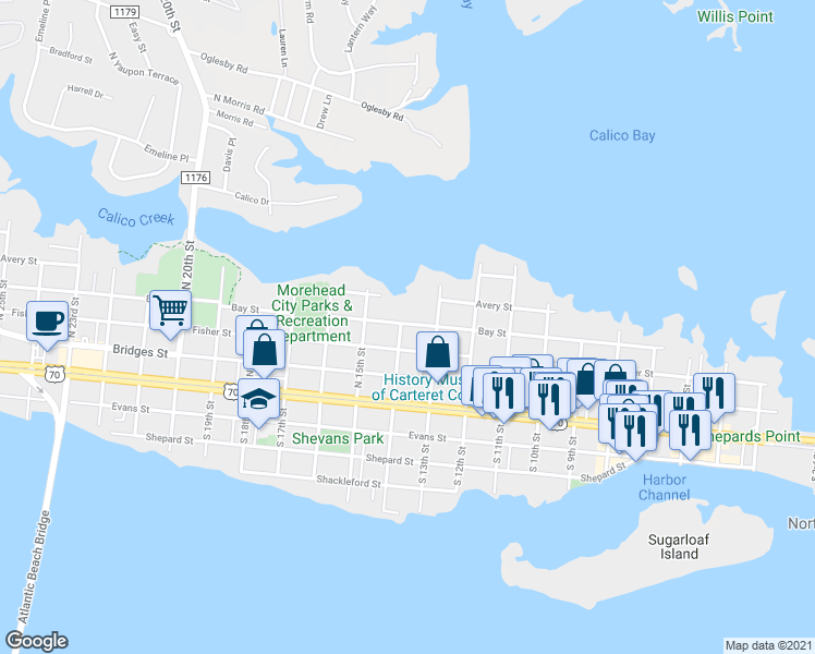 map of restaurants, bars, coffee shops, grocery stores, and more near 404 North 14th Street in Morehead City
