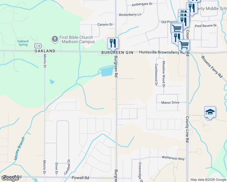 map of restaurants, bars, coffee shops, grocery stores, and more near 11685 Burgreen Road in Madison