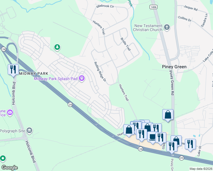 map of restaurants, bars, coffee shops, grocery stores, and more near 1917 Rolling Ridge Drive in Piney Green