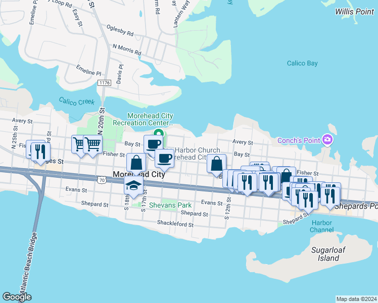 map of restaurants, bars, coffee shops, grocery stores, and more near 1409 Bay Street in Morehead City