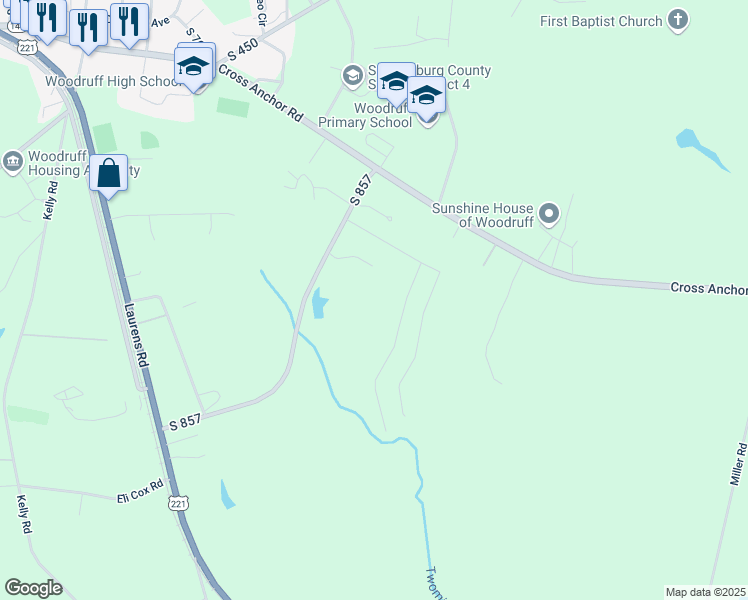 map of restaurants, bars, coffee shops, grocery stores, and more near 124 Old Timber Road in Woodruff