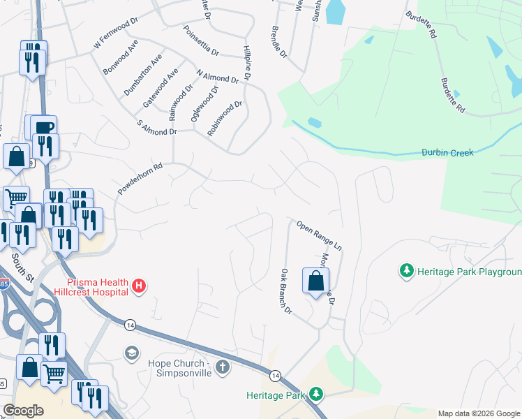 map of restaurants, bars, coffee shops, grocery stores, and more near 102 Rapidan Court in Simpsonville