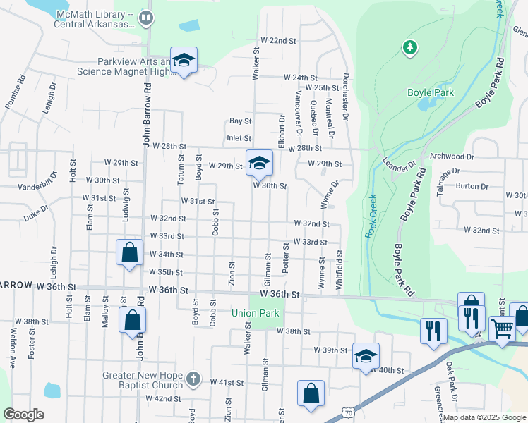 map of restaurants, bars, coffee shops, grocery stores, and more near 3108 Gilman Street in Little Rock