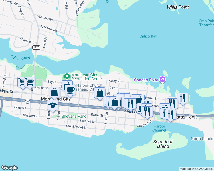 map of restaurants, bars, coffee shops, grocery stores, and more near 404 North 13th Street in Morehead City