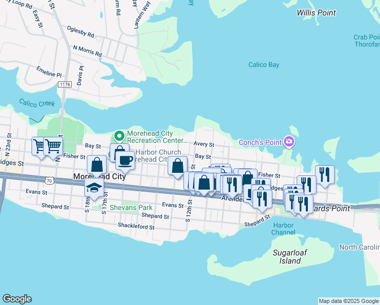 map of restaurants, bars, coffee shops, grocery stores, and more near 1202 Bay Street in Morehead City
