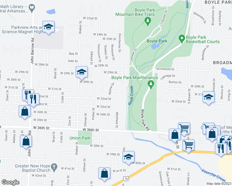 map of restaurants, bars, coffee shops, grocery stores, and more near 7 Wynne Circle in Little Rock