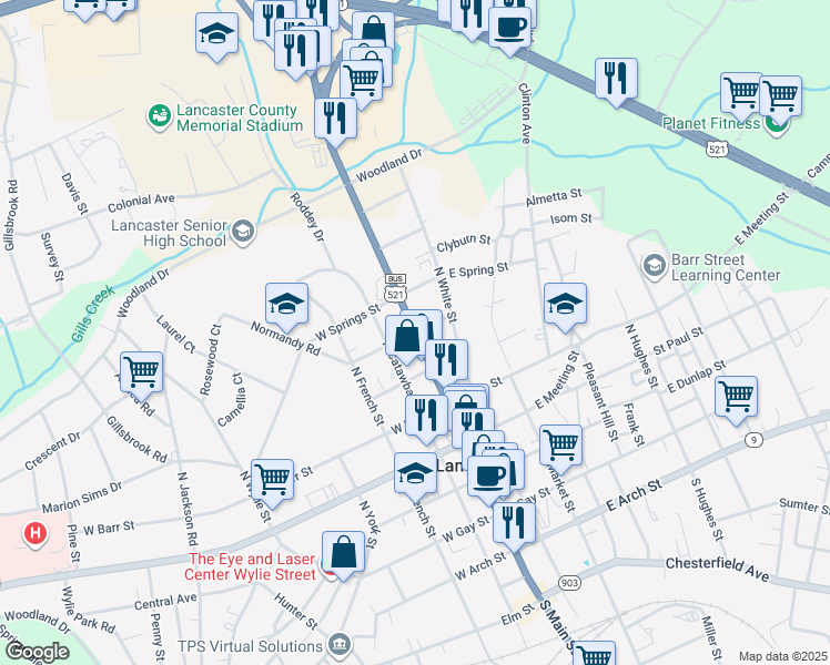 map of restaurants, bars, coffee shops, grocery stores, and more near South Carolina 200 in Lancaster