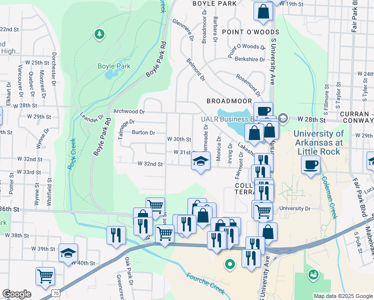 map of restaurants, bars, coffee shops, grocery stores, and more near 3016 Alameda Drive in Little Rock