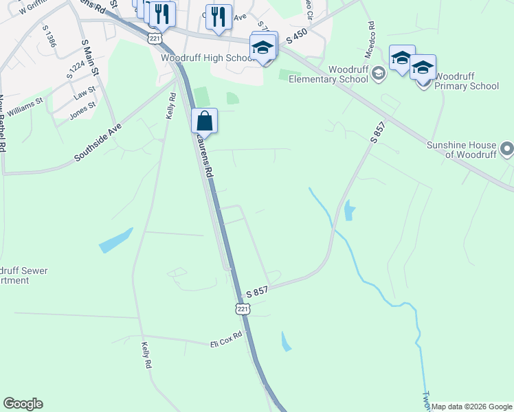 map of restaurants, bars, coffee shops, grocery stores, and more near 15 Varner Street in Woodruff