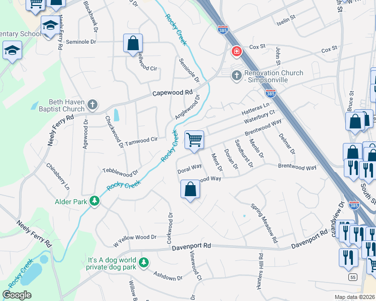 map of restaurants, bars, coffee shops, grocery stores, and more near 317 Waterbury Court in Simpsonville