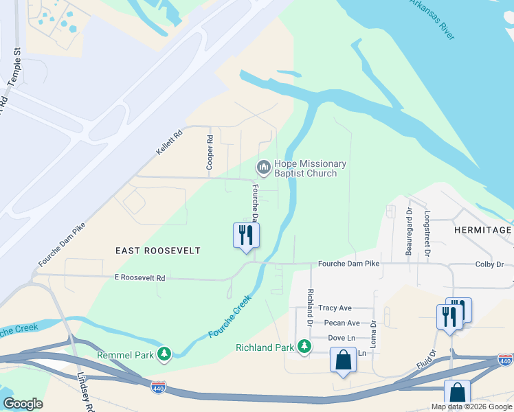 map of restaurants, bars, coffee shops, grocery stores, and more near 6104 Fourche Dam Pike in Little Rock