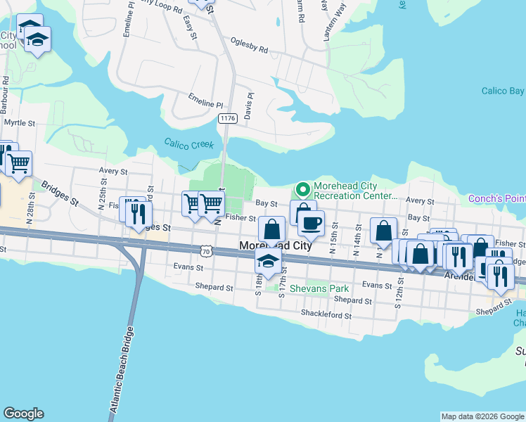 map of restaurants, bars, coffee shops, grocery stores, and more near 305 North 18th Street in Morehead City