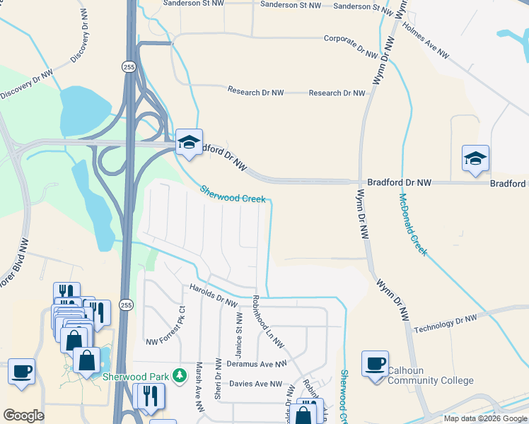 map of restaurants, bars, coffee shops, grocery stores, and more near 6627 Robinhood Lane Northwest in Huntsville