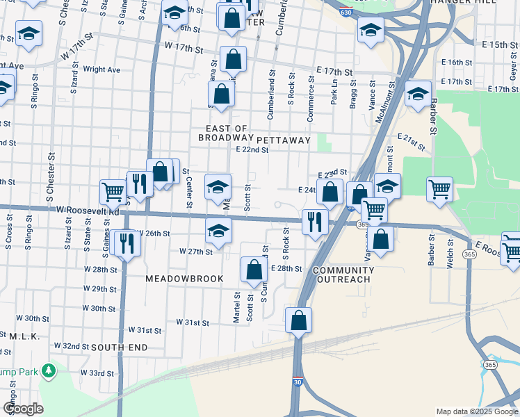 map of restaurants, bars, coffee shops, grocery stores, and more near 2419 Scott Street in Little Rock