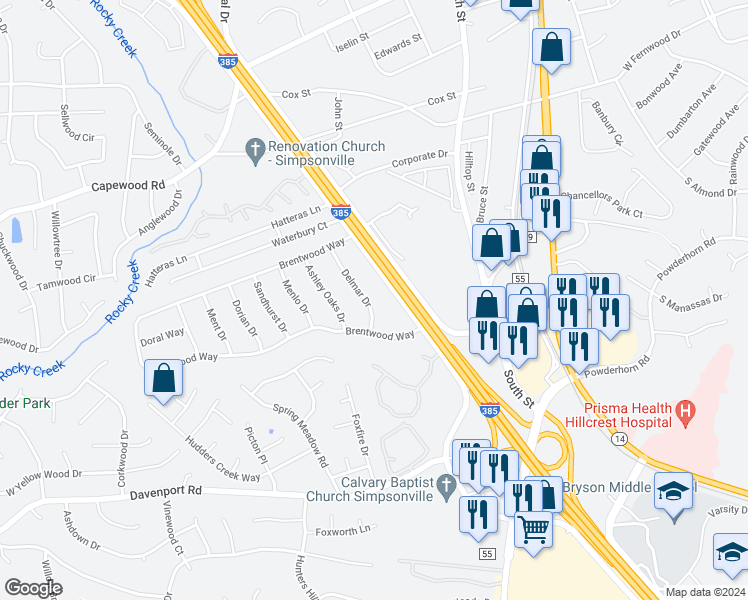 map of restaurants, bars, coffee shops, grocery stores, and more near 115 Delmar Drive in Simpsonville