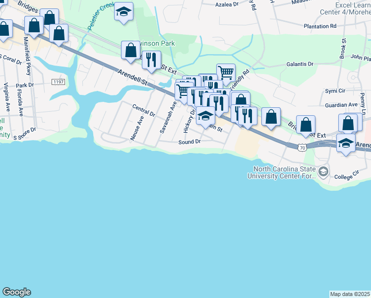 map of restaurants, bars, coffee shops, grocery stores, and more near 4127 Sound Drive in Morehead City