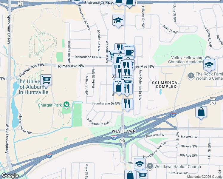 map of restaurants, bars, coffee shops, grocery stores, and more near 415 Greenacres Drive Northwest in Huntsville